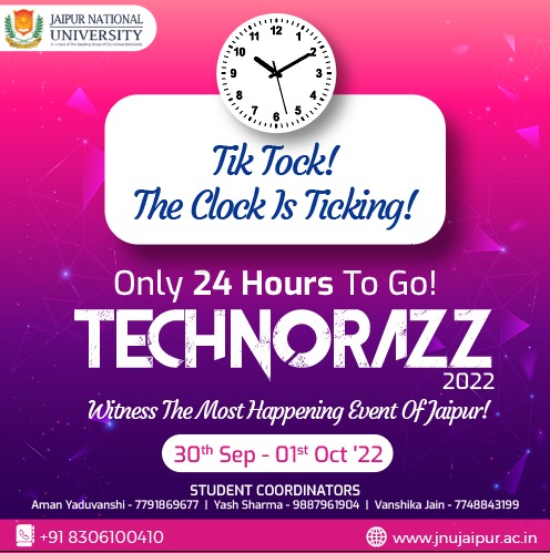 JAIPURJNU's tweet photo. Hold your excitement! Just 1 day to go for Technorazz! Witness the most happening inter-university event in the city and be a part of the extravaganza!! 

#JNU #JaipurNationalUniversity #Campusevent #Technorazz https://t.co/XBYqKf3mVK