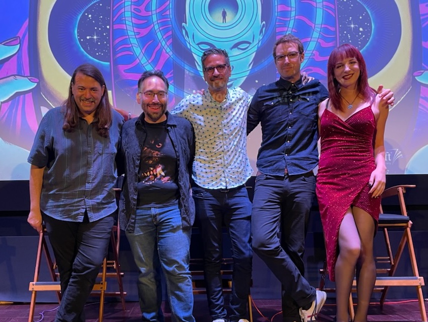 BeyondFest's tweet photo. People’s Republic Chief Minister of Programming and Hair @EvrimErsoy with SATANIC HISPANICS @madmanmendez @alebrugues @jonahray and @IgnisTwote at the @Shudder Theatre for tonight’s West Coast premiere. https://t.co/A1H5LiUNqO