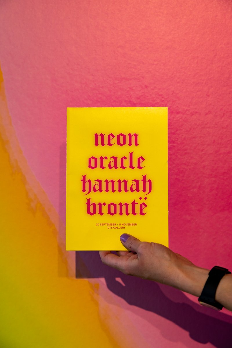 utsart's tweet image. 'José Esteban Muñoz imagined queerness as the insistence on the potential of another world... In their optimism, futurity, and tissue of citations, we can understand Brontë’s signs as a project of queer utopianism.' - Stella Rosa McDonald #hannahbronte #neonoracle #utsgallery