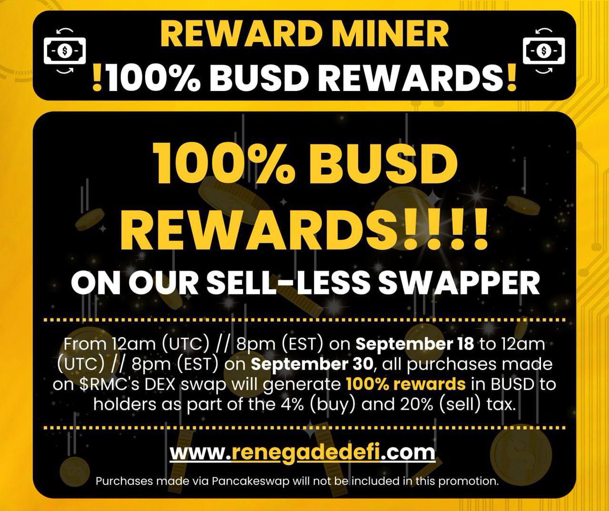 100 BNB of buys coming into <a href="/Rewardminercoin/">Reward Miner Coin</a> between now and midnight on 29th of September UTC
t.me/rewardminercoin
The first a 60 BNB buy from our marketing Wallet at 1pm EST - 5pm UTC.
Great time to get a bag of Reward miner coin!
#BSCGem #BTC #1000xgem #Crypto #Binance