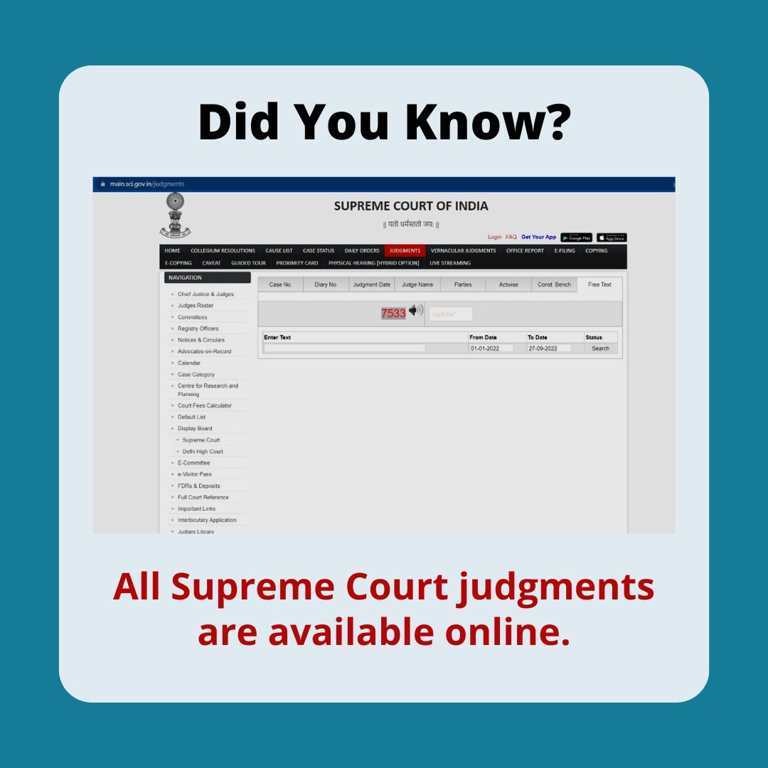 daksh_india's tweet photo. #Didyouknow
Supreme Court judgments are available on the SCI website and can be accessed via a number of factors - including free text search.
#SupremeCourt #judgments #freetext #audiosearch #OpenData #accessibility #judicialdata #njdg #a2j #openjustice #datasets #courtdata https://t.co/TCrzH4iSX4