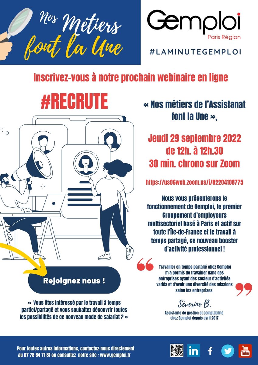 💥 C'est le Jour J !
🤝Retrouvons-nous à 12h pour cette Minute Gemploi « Nos métiers font la Une », 30 min. chrono sur zoom : us06web.zoom.us/j/82204108775#…
🔎L'opportunité de poser toutes vos questions sur notre Groupement d'employeurs Gemploi et de découvrir le panel de nos métiers.