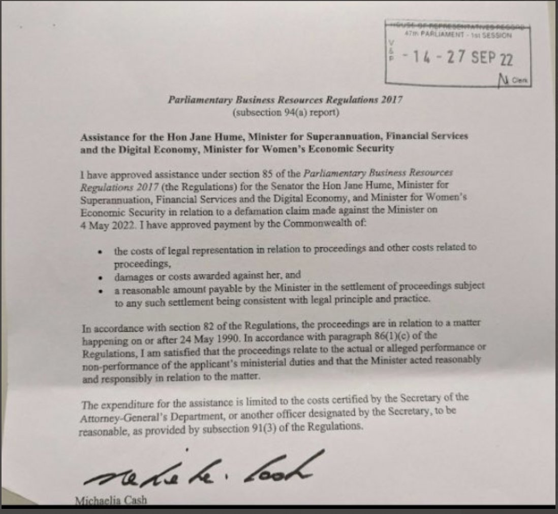 RonniSalt's tweet image. In the dying days of the Morrison govt, some weeks after the election was called, Michaelia Cash authorised for almost all of Sen Jane Hume's legal expenses to be paid in the defamation complaint against her filed by @simonahac 

That's your taxes paying for Jane Hume's problems.