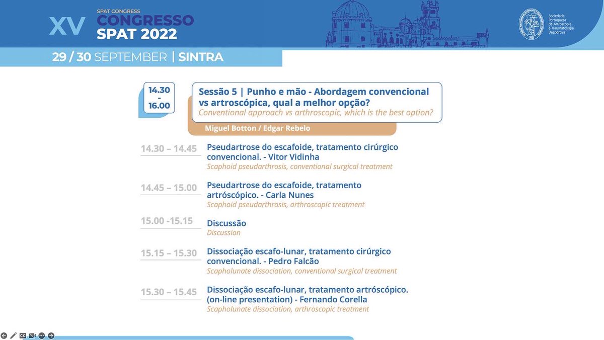 Esta tarde en el congreso de la Sociedad Portuguesa de Artroscopia y Medicina del deporte, hablaremos de la ventaja de hacer técnicas artroscópicas en cirugías del carpo frente a la cirugía abierta.