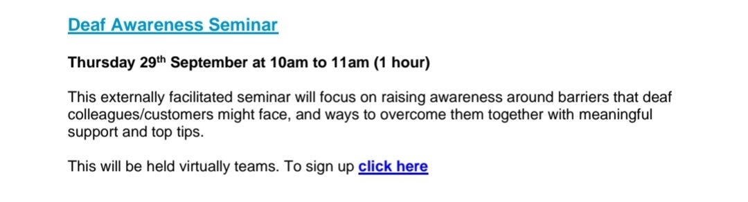 . <a href="/coopuk/">Co-op</a> Colleagues! National Inclusion Week continues with a Deaf Awareness Seminar at 1000. Speak to your Line Manager, or check out the programme on Yammer, if you'd like to attend. Remember, these events are open to everyone. 
#BeingCoop #ThePowerOfNow @CoopRepresent