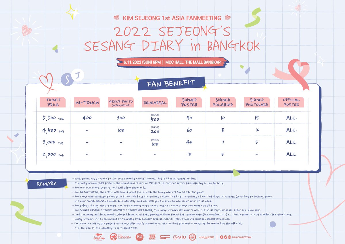 KOKOConnection's tweet photo. 📢 ประกาศรายละเอียดราคาบัตร ผังที่นั่ง สิทธิพิเศษ และช่องทางการซื้อบัตรงาน "2022 SEJEONG'S SESANG DIARY IN BANGKOK"

วันอาทิตย์ที่ 6 พฤศจิกายน 2565
เวลา 18.00 น. 
ณ เอ็มซีซี ฮอลล์ เดอะมอลล์บางกะปิ

#KSJ1stFMinBKK
#KimSejeong
#OfficialHallyu
#KOKOConnection https://t.co/INtef82jm5
