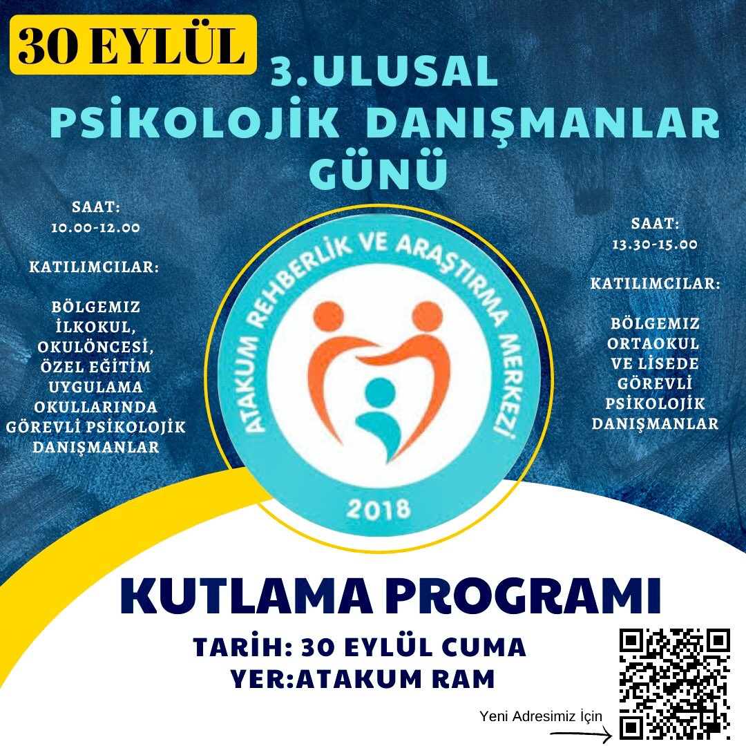 3. Ulusal Psikolojik Danışmanlar Günü sebebiyle yeni binamızda, eğitim bölgemizdeki siz değerli Psikolojik Danışmanlarımızla 30 Eylül Cuma günü bir arada olmaktan mutluluk duyarız.<a href="/samsunmem/">Samsun İl Milli Eğitim Müdürlüğü</a> <a href="/muratagar60/">Murat AĞAR</a> <a href="/MemAtakum/">Atakum İlçe Milli Eğitim Müdürlüğü</a> <a href="/irfanyetik55/">Mehmet İrfan YETİK</a> <a href="/NurayKahraman18/">Nuray Kahraman</a>