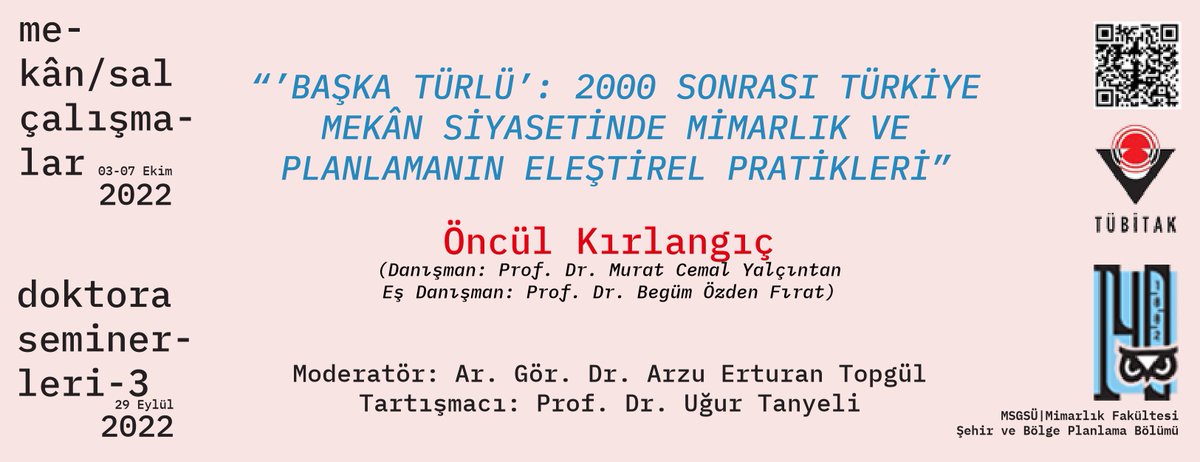 Şimdi yayında!

#doktoraseminerleri3
Dr. Öncül Kırlangıç’ın ““Başka Türlü”: 2000 Sonrası Türkiye Mekan Siyasetinde Mimarlık ve Planlamanın Eleştirel Pratikleri” başlıklı doktora tezini içeren semineri linkten izleyebilirsiniz:

youtube.com/watch?v=SKXhG1…