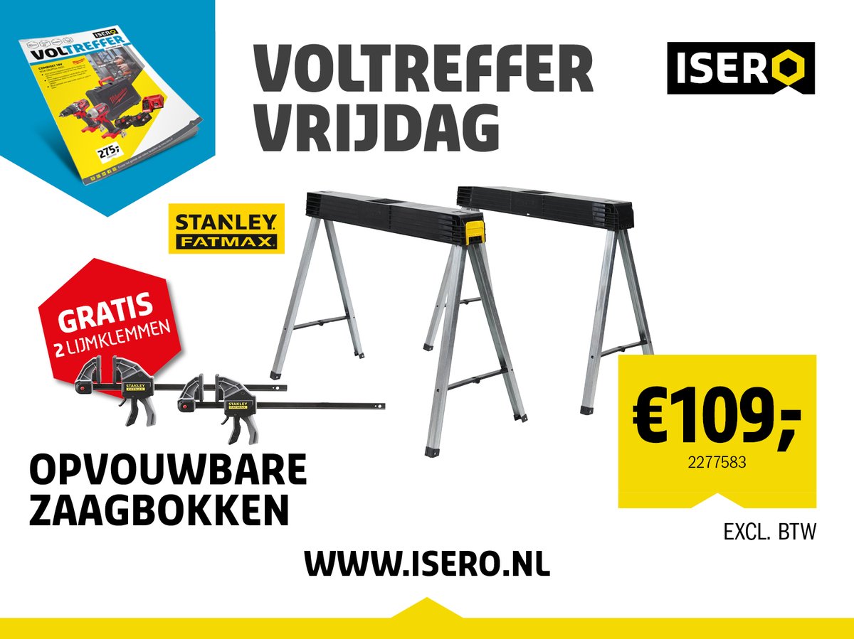 Voltreffer Vrijdag!

Set opvouwbare zaagbokken + gratis 2x lijmklemmen van Stanley! 🙌 👍

Meer info of direct bestellen:
➡️ bit.ly/3xXJ0kM ⬅️