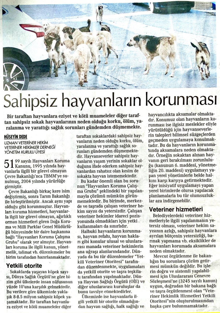 29.08.2022 Cumhuriyet Gazetesinde Olaylar ve Görüşler sayfasında, YK. Üyemiz Uzman Veteriner Hekim Hüseyin Dede’in Sahipsiz Hayvanların Korunması konulu yazısı yayınlandı.