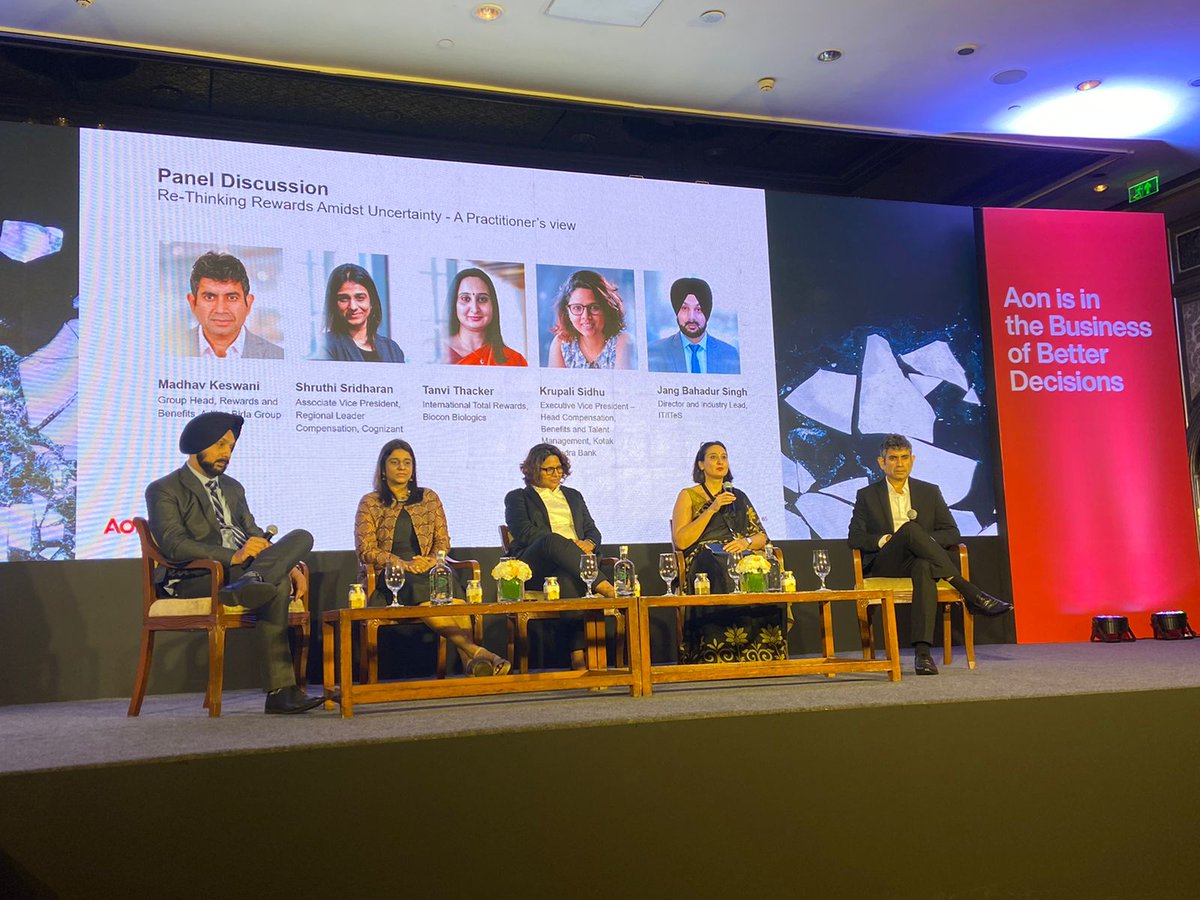 Up next at Aon India's 16th Annual Rewards Conference 2022: Rewards specialists- Jang Bahadur Singh, Madhav Keswani, Shruthi Sridharan, Tanvi Thacker, & Krupali Sidhu, come together to share their thoughts on 'Re-Thinking Rewards Amidst Uncertainty.'  #AonRewardsConference2022
