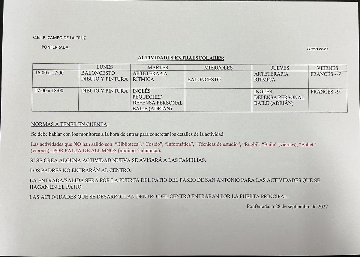 CEIPCampoCruz's tweet photo. Relación de Talleres que comenzarán el lunes 3 de octubre https://t.co/ZCOpMzEmvO