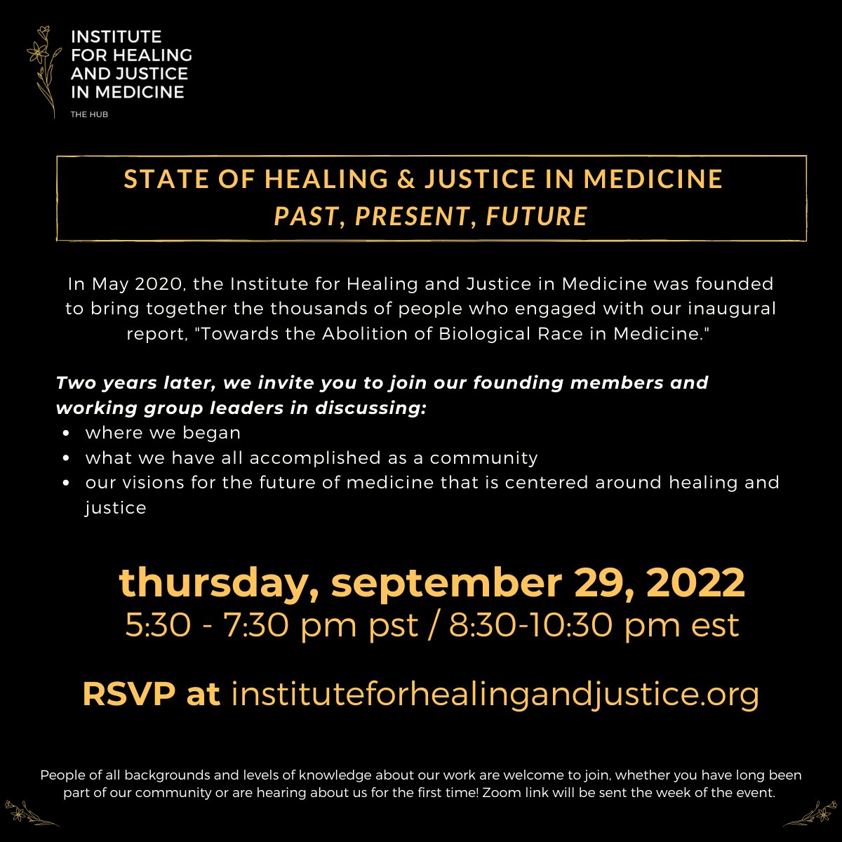 Monica Hahn MD MPH AAHIVS (ig/bsky: MonicaHahnMD) (@monicahahnmd) on Twitter photo 📣TONIGHT! Join co-founders of <a href="/IHJM_/">Institute for Healing and Justice in Medicine</a> as we revisit how it started & how it’s going, future directions & how you can join the movement to abolish race-based medicine and reimagine what true healing & justice can look like. Register here for zoom link! ✨ instituteforhealingandjustice.org/929-relaunch 📣TONIGHT! Join co-founders of <a href="/IHJM_/">Institute for Healing and Justice in Medicine</a> as we revisit how it started & how it’s going, future directions & how you can join the movement to abolish race-based medicine and reimagine what true healing & justice can look like. Register here for zoom link! ✨ instituteforhealingandjustice.org/929-relaunch