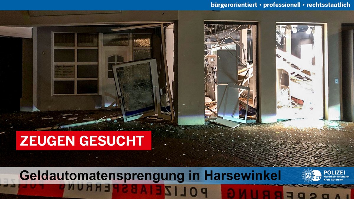 polizei_nrw_gt's tweet photo. Mehrere bislang unbekannte Täter sprengten in der Nacht (29.09., 02.50 Uhr) im Stadtkern #Harsewinkel den Geldautomaten einer Filiale der Deutschen Bank an der Straße Alter Markt. Zeugen informierten uns. Wir bitten um weitere Hinweise: https://t.co/lNg5v9QOGj #PolizeiGütersloh https://t.co/QJpLUG1pjt