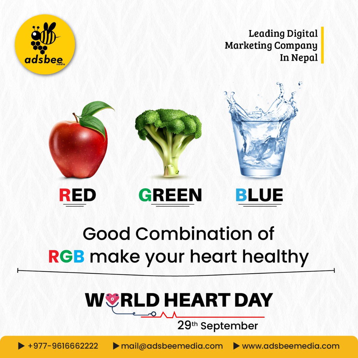 adsbeemedia's tweet photo. On the occasion of World Heart Day, let us take an oath that we will be more responsible towards taking care of our heart.

“Happy World Heart Day”

#digitalnepal #birgunj #nepal  #WorldHeartDay2022 #WorldHeartDay #heart 
#healthylifestyle #healthyfood https://t.co/FkpdMMURzO