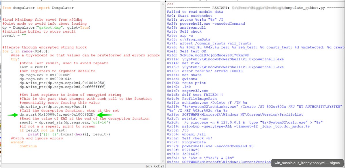 embee_research's tweet photo. #Dumpulator script to extract decrypted strings from recent #Qakbot payloads. 

This works by brute forcing index values to the Qakbot string decryption function.

Hoping to put out a detailed blog soon. 
#RE #malware https://t.co/muDmwjMiR8