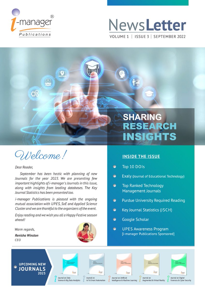 imanagerjournal's tweet photo. Happy to share i-manager's Newsletter September 2022 !
#imanagerjournals #imanagerpublications #author #researchers #academia #academic #academicpublishing #crossref #doi #exaly #NCU #purdueuniversity #purdue #purdueglobalproud #googlescholar #upes #upesdehradun #northcentraluni https://t.co/NWiuLtpG7m
