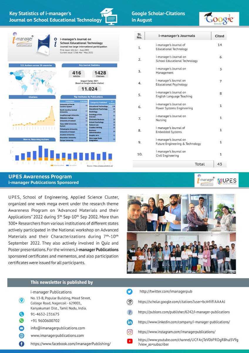 imanagerjournal's tweet photo. Happy to share i-manager's Newsletter September 2022 !
#imanagerjournals #imanagerpublications #author #researchers #academia #academic #academicpublishing #crossref #doi #exaly #NCU #purdueuniversity #purdue #purdueglobalproud #googlescholar #upes #upesdehradun #northcentraluni https://t.co/NWiuLtpG7m