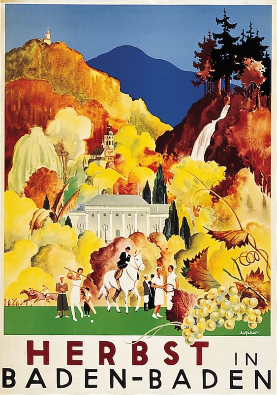 GermanAtPompey's tweet photo. 'Herbst in Baden-Baden': 1930 autumn tourism poster designed by Leo Faller https://t.co/3n4GvgXNgb