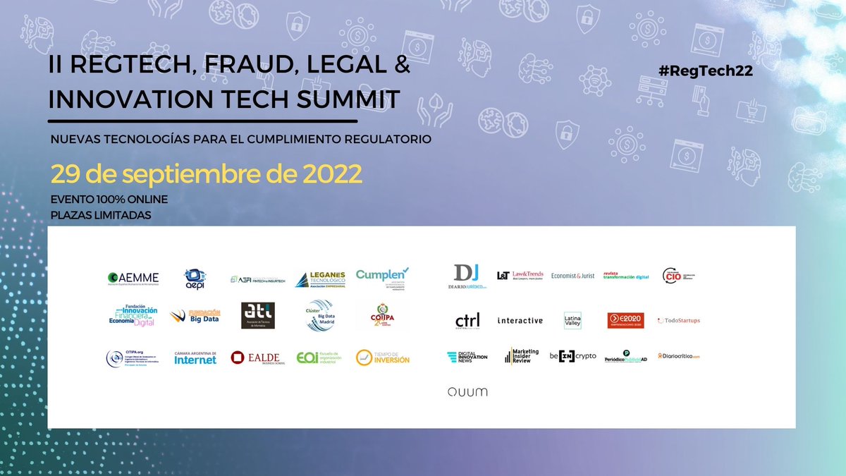 UrbanEventMkt's tweet photo. ℹ Hoy, 29 de septiembre a partir de las 4PM CET, os esperamos en el #evento 100% #online II #RegTech22. Aún estáis a tiempo de registraros 👉 https://t.co/YUlzPVdaE0

Aprovechamos para agradecer el apoyo en la difusión a las #empresas colaboradoras https://t.co/h7X9up8FW1