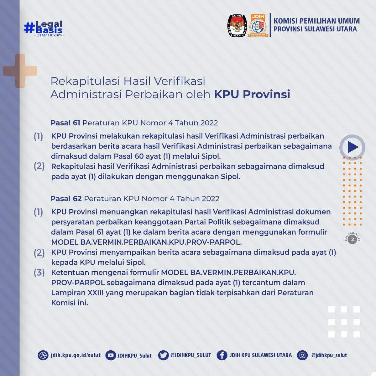 JDIHKPU_SULUT's tweet photo. #SobatJDIH
Selamat Siang Sobat JDIH KPU 🤩🙏🏻
Konten #legalbasis seri 46 hari ini akan mengulas tentang Rekapitulasi Hasil Verifikasi Administrasi Perbaikan oleh KPU Provinsi. Yuk Simak grafis berikut ini 

Jangan lupa like komentar dan bagikan ya 🤩🙏🏻 https://t.co/7Mk54MWF5Y