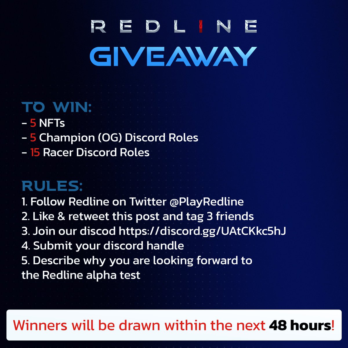 The Redline alpha will be live soon on the #StarkNet testnet

To celebrate we are doing a #Giveaway 

Complete the tasks for a chance to win!
discord.gg/UAtCKkc5hJ
⏱️ 48 hours
