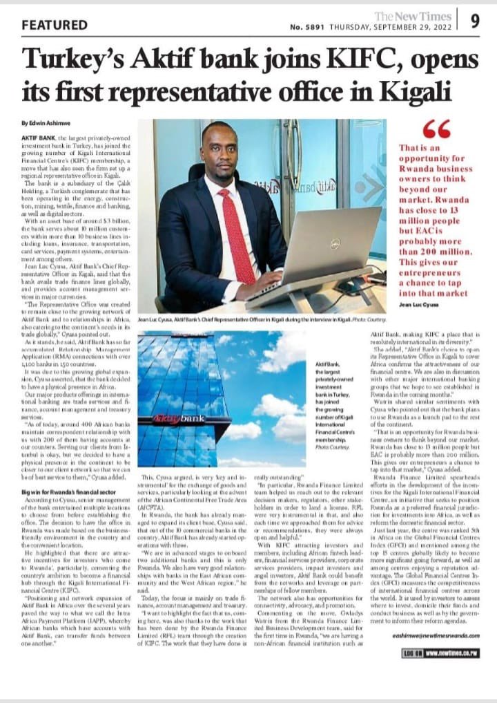 Aktif Bank, the largest privately owned investment bank in Turkey has set up a regional representative office in Rwanda.

Read more about its activities🔽
bit.ly/3Rn9t1S