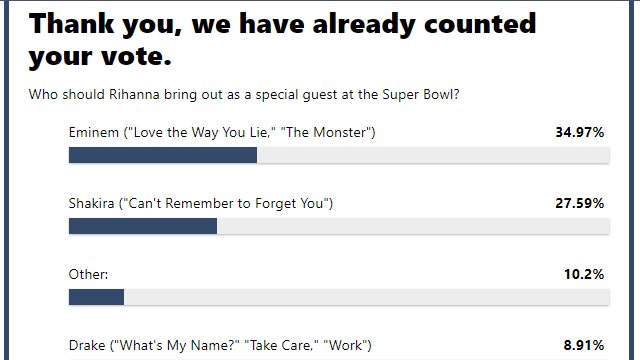 ShakTurkey's tweet photo. WHY ARE'NT SHAKIRA FANS SLAYING UP THIS POLL?

JUST IMAGINE... 

"After Rihanna sings Diamons, she greets the public and suddenly shouts Shakira Shakiraaaaa."

If you want your dream to come true👇

https://t.co/Bv2OTVxrjI  #RihannaSuperBowl https://t.co/hI20Do1BPV