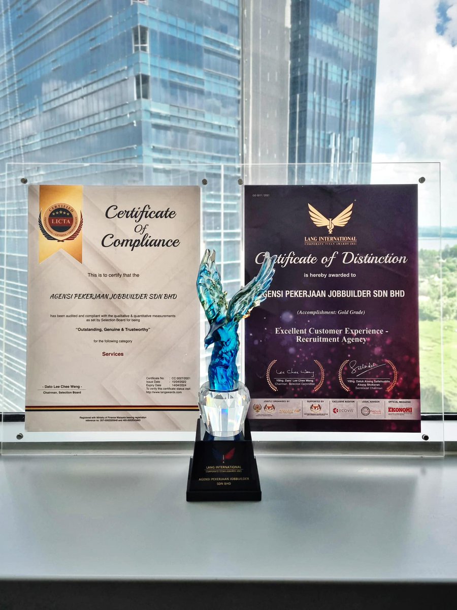 jobbuilderMY's tweet photo. Thank you #LICTA for awarding the Excellent Customer Experience- Best Recruitment Agency of the Year 2021 (Gold) to Jobbuilder-Boutique Recruitment Firm. 🏆🎉🎉
#Jobbuilder #buildtalent #connectpeople
#officeview #corporate #dreamjob https://t.co/5rx8pBkPQY