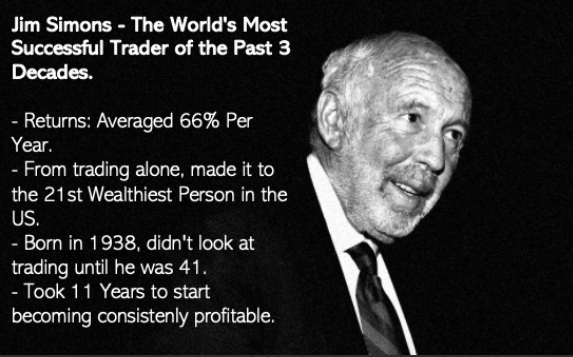 AlphaMind101's tweet image. Not long ago, a despondent 45 year old trader who, after 5 yrs trading, was struggling to achieve consistency and told me he felt he started too late and was taking too long.

I shared the story of Jim Simons with him.👇

Trading is a deep skill that takes many years to master.