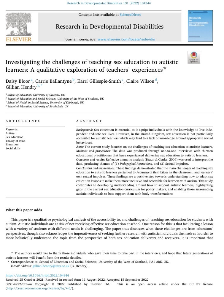 Congratulations to our first year TEP <a href="/DayZBlur/">Daisy</a> who has just had a paper published based on the research she completed <a href="/UofGlasgow/">University of Glasgow</a> 

Teaching sex education to autistic learners is really important &amp; there is lots to learn.

#feelingproud