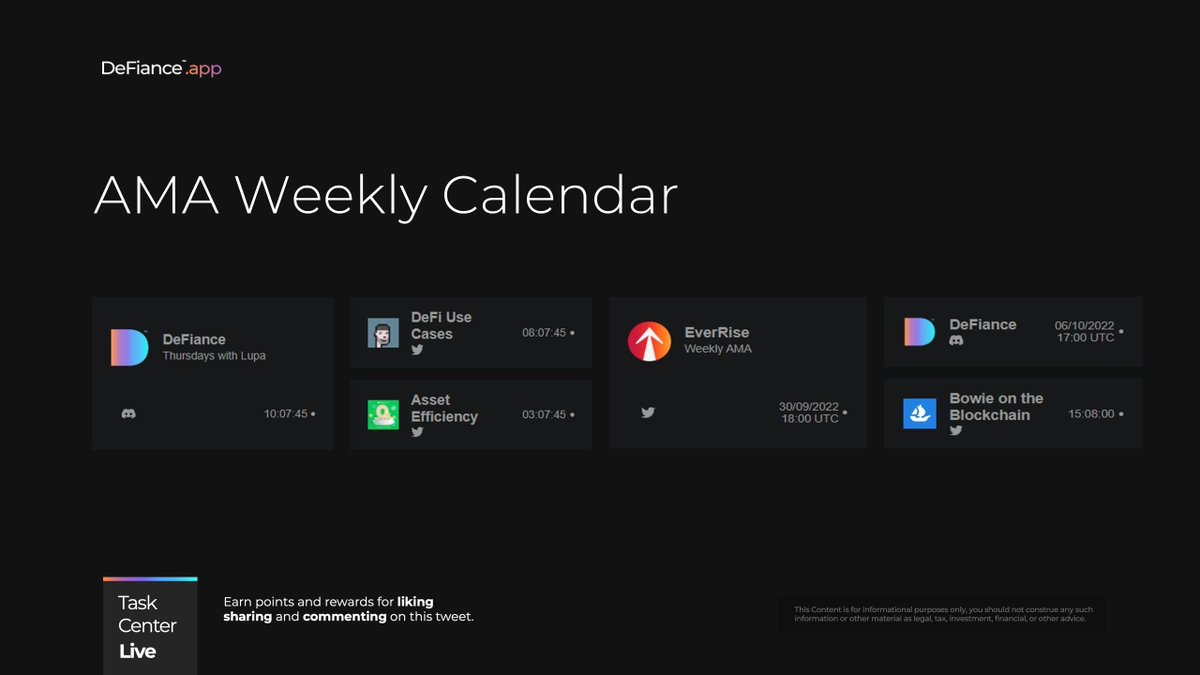📅 #AMA Weekly Calendar 

👉 Explore spaces outside of your Twitter circle on DeFiance.app.
