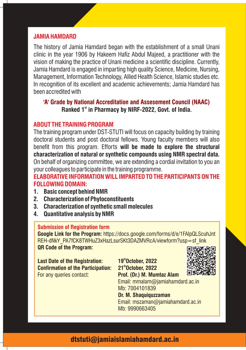dststuti's tweet photo. Department of pharmaceutical chemistry, Jamia Hamdard is conducting DST STUTI Hand On Training on "Mapping Molecules with Magnet" from 28th Oct - 4th Nov 2022. Last date for registration is 19th Oct 2022. For more info pls visit: https://t.co/EFF7BbbEh6 https://t.co/zPkGS8jRXn