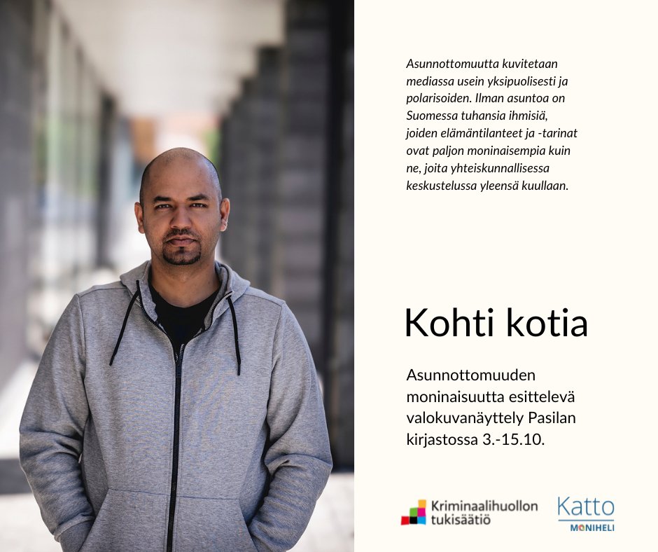 Kohti Kotia, <a href="/MoniheliRy/">Moniheli ry</a> ja @Krimsaatio yhteinen valokuvanäyttely on esillä 3.10.–15.10. <a href="/Pasilankirjasto/">Pasilan kirjasto</a> 

Näyttely kuvittaa asunnottomuuden moninaisuutta 8 kuvan ja  niihin liittyvien tarinoiden kautta.

#asunnottomuus #asunnottomienyö