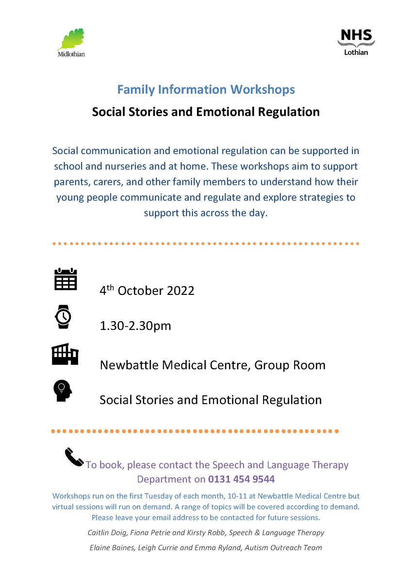 Midlothian Speech and Language Therapy and Autism Outreach teams would like to invite families and carers to a Family Information Session. These sessions are open to any families who would like more information on supporting their young person’s communication. 👇