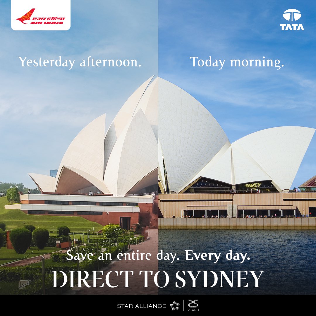 airindia's tweet photo. #FlyAI : for direct flights to Sydney.
Opera House. Bondi Beach. Harbour Bridge.
Let us be direct with you, flying to Sydney has never been easier.
Enjoy direct flights, non-stop comfort and non-stop convenience with us.
#NonStopFlights #NonStopExperience
#DelhiToSydney https://t.co/03DLUBdzMZ