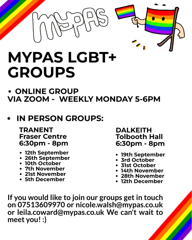 _MYPAS's tweet photo. A reminder about our weekly LGBT+ social groups for young people aged 12-18 living in East Lothian &amp; Midlothian.
We have a digital meeting each Monday via Zoom from 5-6pm. Our next in-person meeting is at our Dalkeith office on the 3rd of October at 6:30pm. https://t.co/hfb72Snvmp