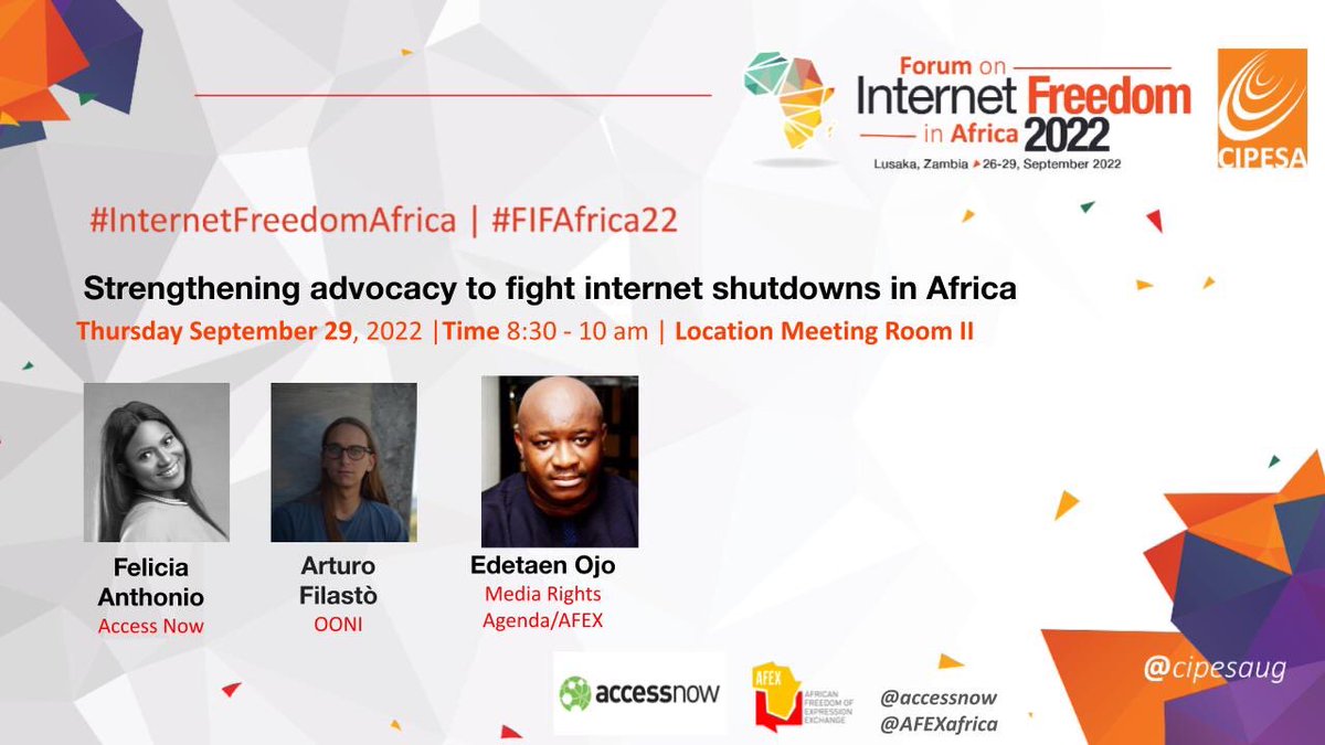 IPCng's tweet photo. #InternetFreedomForum #FIFAfrica22 Ongoing session on "Strengthening Advocacy to fight internet shutdowns in Africa"
@cipesaug @FelAnthonio @accessnow @EdetOjo @OpenObservatory @IFEX https://t.co/YfWgpHObe7