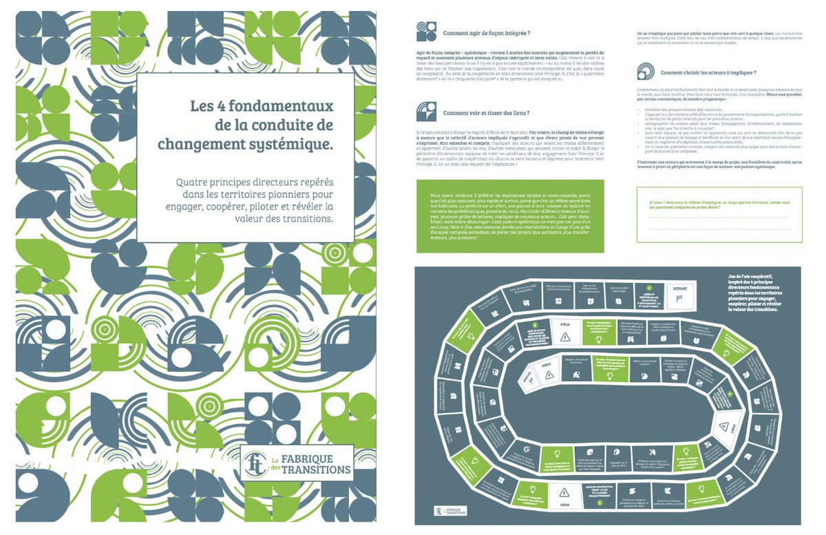 [1ères publications de la <a href="/fabtransitions/">La Fabrique des Transitions</a> 1/2]

📘« Les 4 fondamentaux de la conduite de changement systémique ». 
Quatre principes directeurs repérés dans les territoires pionniers pour engager, coopérer, piloter et révéler la valeur des transitions. 

➡️lnkd.in/eDKcAh-m