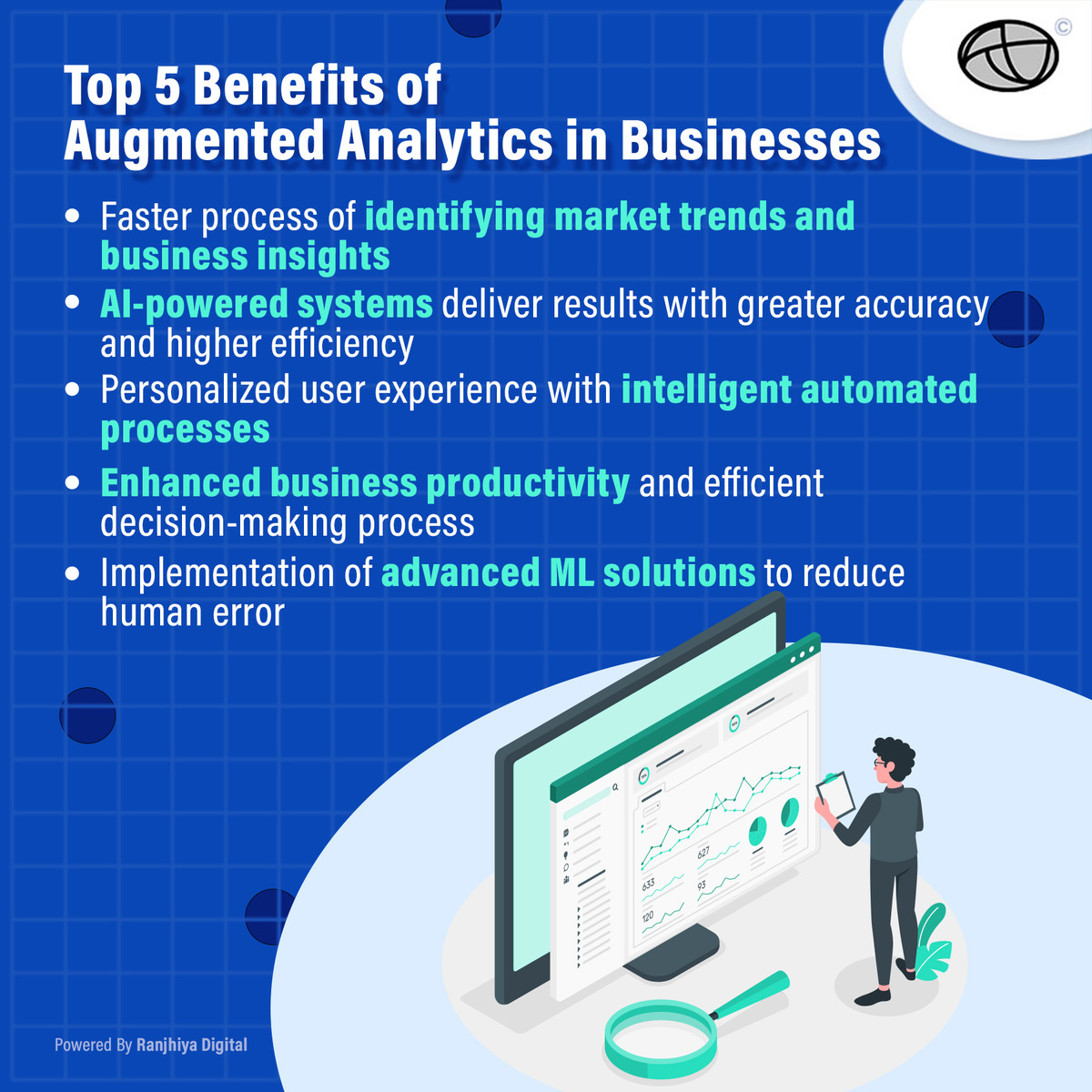Augmented analytics has redefined the process of data analysis with the help of ML, NLP and intelligent automation. Let's look at the top five major benefits of augmented analytics in businesses:
#analytics #dataanalysis #Intelligentautomation #businessanalytics