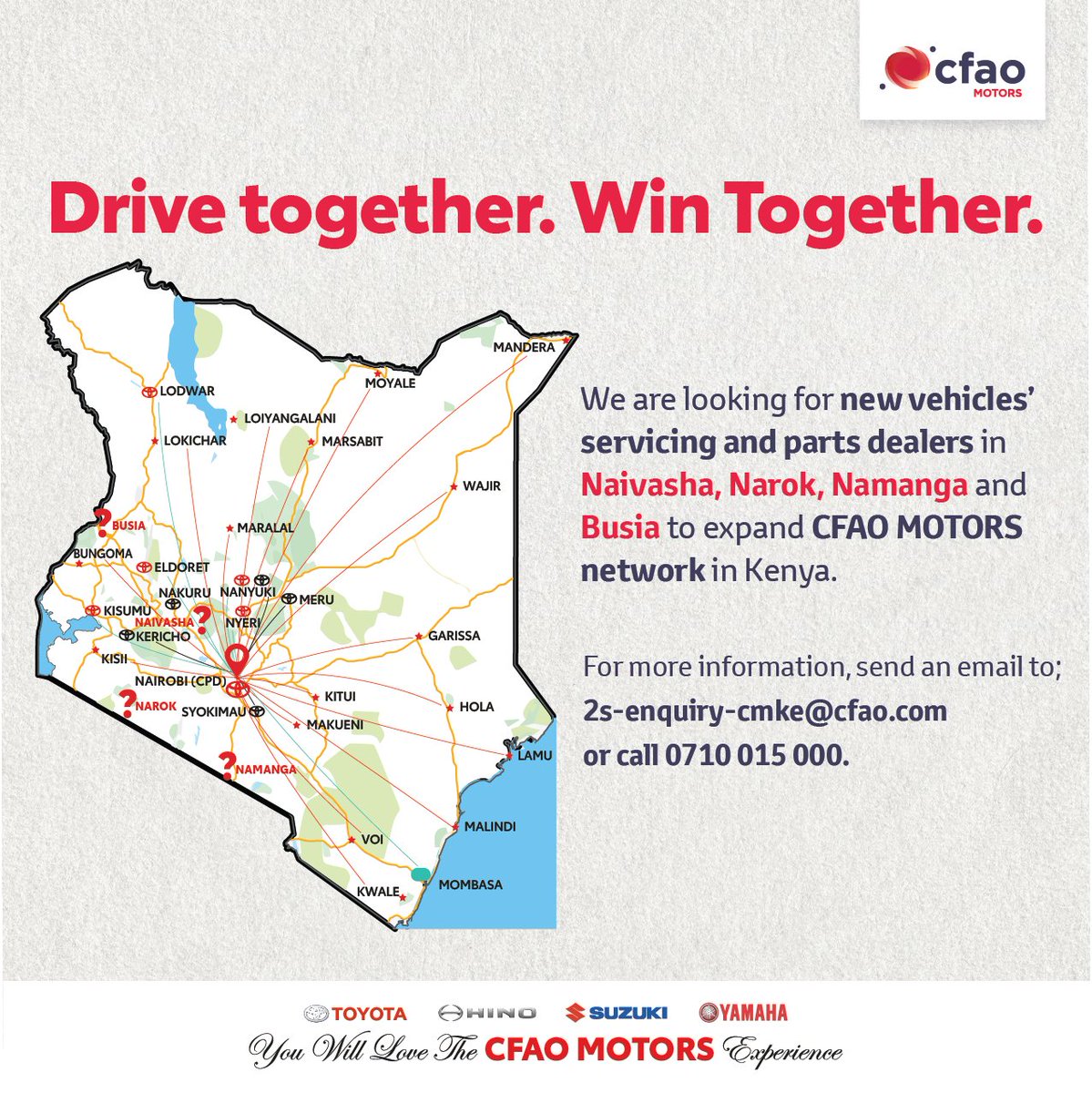 ToyotaCFAOKE's tweet photo. Are you an auto dealer/garage owner in Narok, Naivasha, Namanga, or Busia looking to grow your business? Partner with us for an opportunity to become a supplier of Genuine Parts from Toyota and/or a CFAO Motors service center to expand our network.
#CFAOMotorsExperience https://t.co/8byyxgAKYT