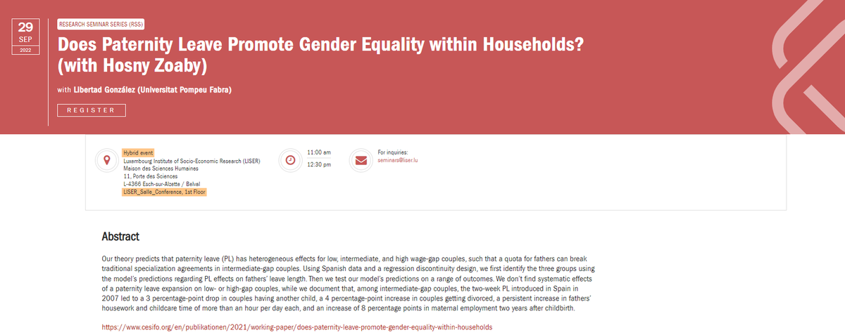 LISERinLUX's tweet photo. 📢Join us today (Sept. 29) for LISER's RSS Hybrid Seminar at 11h CET
🗣️@LibertadGonLu of @UPFBarcelona w/ Hosny Zoaby present "Does Paternity Leave Promote Gender Equality within Households?"
✉️seminars@liser.lu
🔎https://t.co/88F1BQTnDN
#GenderEquality #Paternity #GenderEcon https://t.co/d97neflb6a