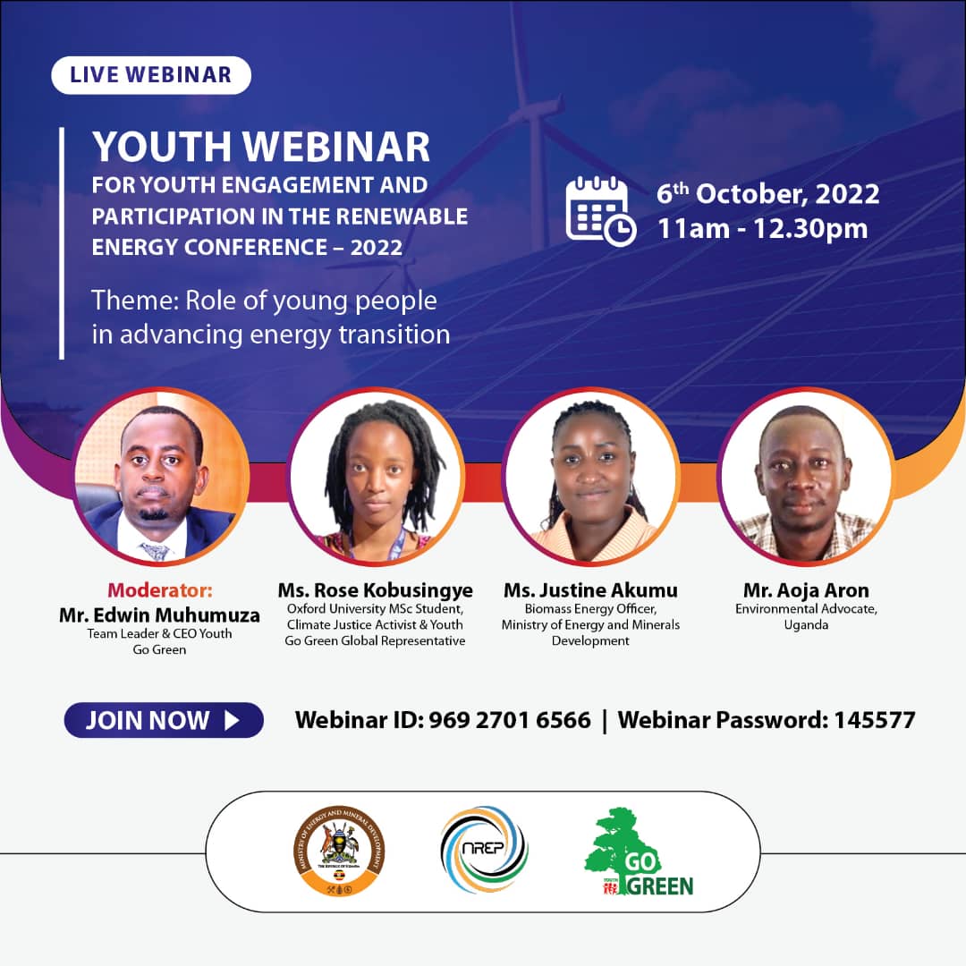Don't miss this important engagement! "Role of Youth in Energy Transition"organized by <a href="/MEMD_Uganda/">Ministry of Energy & Mineral Development</a> &amp; <a href="/youthgogreen/">Uganda Youth Go-Green</a>.Please Retweet to amplify Youth voices in RE. #Youth4EnergyTransition <a href="/KobusingeRose1/">Rose Kobusinge</a> <a href="/giz_uganda/">GIZ Uganda</a> <a href="/NatuReS_UG/">Natural Resources Stewardship Programme Uganda</a> <a href="/OxfaminUganda/">Oxfam in Uganda</a> <a href="/UNDPUganda/">UNDP Uganda</a> <a href="/brianisabirye/">Brian E. Isabirye, Ph.D.</a> @Nrepuganda