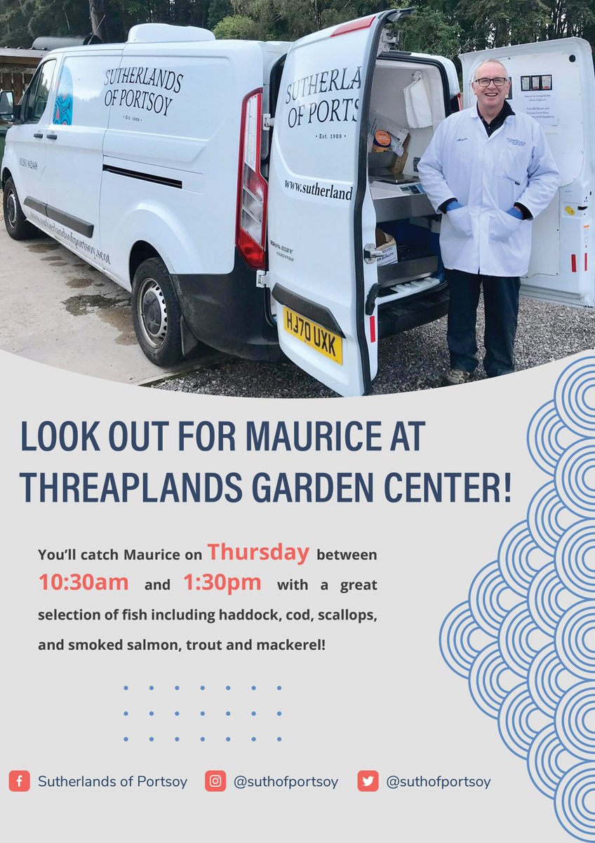 It's Thursday again ! Pop along to Threaplands Garden Centre where Maurice will have a great selection of Fresh, Smoked and Frozen Seafood for sale ! #eatlocal #buylocal #fish