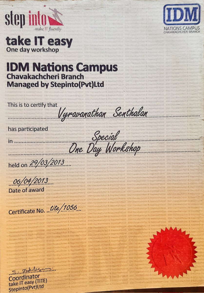SenthVyra's tweet photo. I've found my very first IT workshop certificate from IDM in 2013 @ age 14 🙂
Checkout other latest certificate posts this  fb page and LinkedIn 😁
#workshop #senthvyra #idm https://t.co/uPdopl5Ql7
