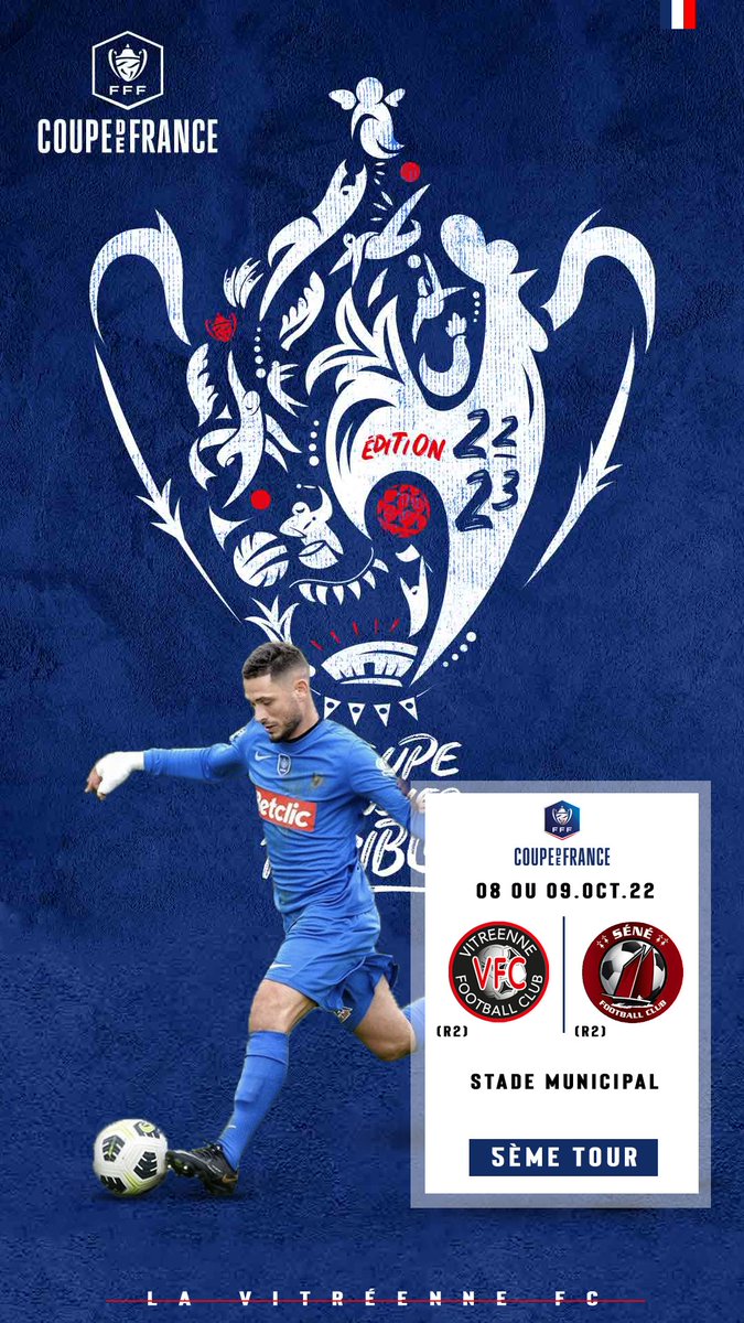 vitreennefoot's tweet photo. [5ème Tour de Coupe de France]🇫🇷🏆

Pour le prochain tour de Coupe de France, nos vitréens recevront Séné FC !

Week-end du 8-9 Octobre 2022.

#TeamVFC 🔴⚫️ https://t.co/GCSy3tKuhw