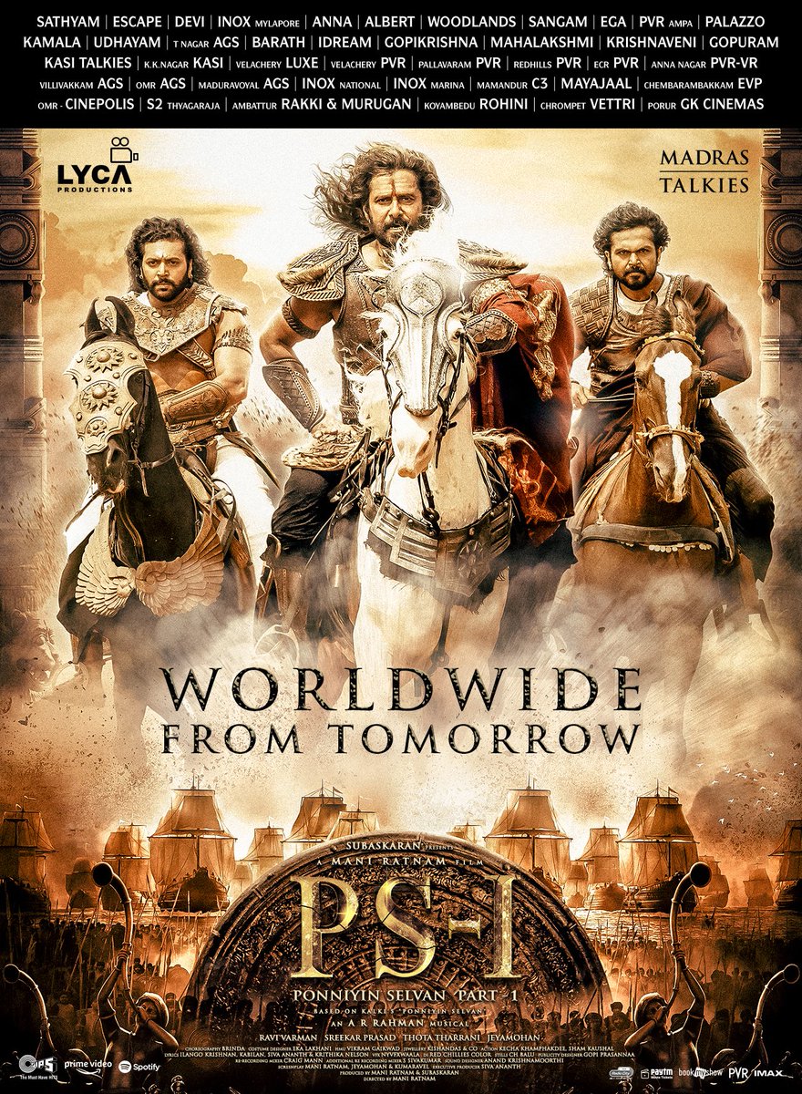 CiniUlagam's tweet photo. @LycaProductions #PS1 

#PonniyinSelvan1 from tomorrow worldwide....

@chiyaan @actor_jayamravi @Karthi_Offl #AishwaryaRaiBachchan @realsarathkumar @trishtrashers #AishwaryaLekshmi  @prakashraaj  @actorrahman  @iamvikramprabhu @AshwinKakumanu @LalDirector @rparthiepan https://t.co/CQnWPXoO0b