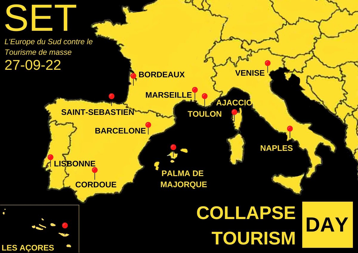 Accions #27S #WorldTourismDay = #CollapseTourismDay a diferents ciutats i territoris de la xarxa #SETnet (Sud d'Europa contra la Turistització): Marseille, València, Aiacciu, Lisboa, Donostia, Córdoba, Venezia, Mallorca, Barcelona...
#ProuTuristització
#EmergènciaClimàtica