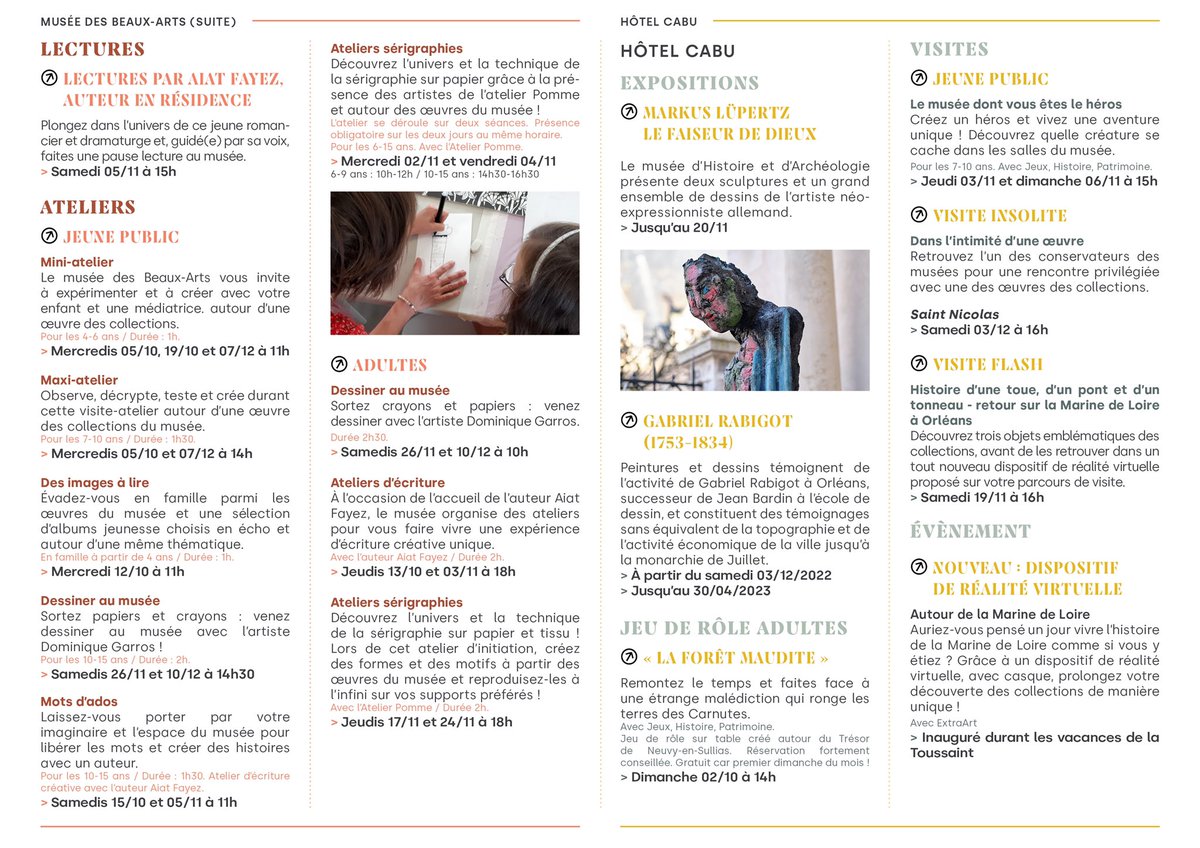 Le #programme des musées d’Orléans pour les mois d’octobre, novembre et décembre est disponible! Avec des #nouveautés comme l’arrivée d’un auteur en résidence et des ateliers d’écriture. Et réservez votre samedi 29/10 au soir pour La Nuit des ombres ! 👉 bit.ly/3Cg0uLR