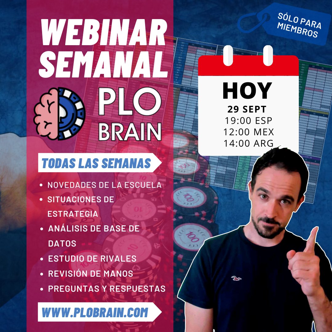 BrainPlo's tweet photo. 📢 HOY A LAS 19:00 CET WEBINAR - 95 PARA MIEMBROS ELITE
.
.
.
#plo #4cartas #omaha #cashgame #escueladepoker #eatsleepplo #plobrain #poker #pokeronline #webinar #clasespoker https://t.co/aRYe2x35eT